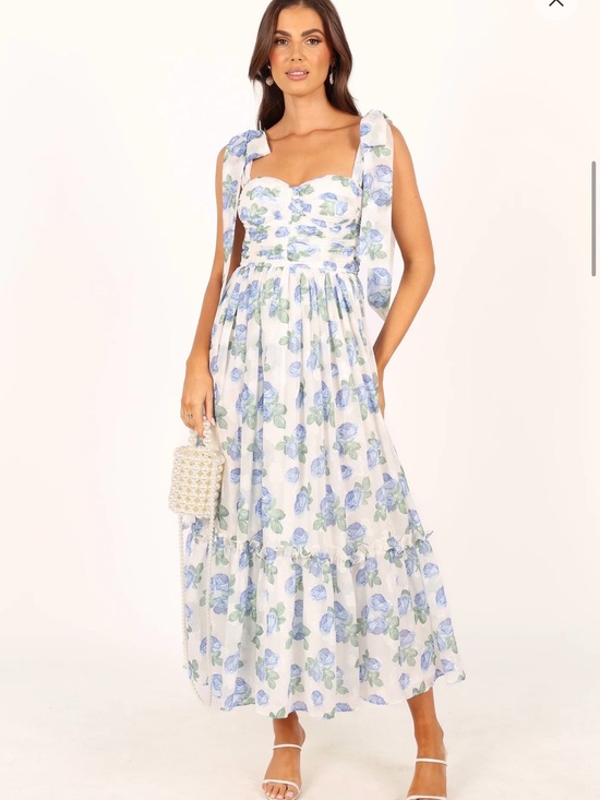 Petal & Pup Dresses & Skirts - Petal & Pup White Maxi Dress with Blue Floral Tie-Straps